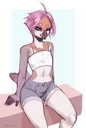  2021 absurd_res ahoge ambiguous_gender anthro artist_name avian beak bird black-throated_bushtit bottomwear brown_eyes bushtit camisole clothed clothing crop_top digital_media_(artwork) fully_clothed hair hi_res male_(lore) midriff miyas_(romarom) navel oscine passerine pink_hair romarom shaded shirt shorts sitting solo topwear white_clothing white_topwear 