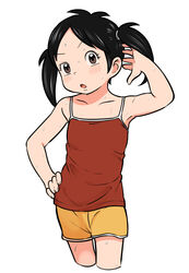  armpits black_hair brown_eyes collarbone cropped_legs eyelashes female fingernails hand_on_own_hip highres meis_(terameisu) nishikawa_noriko open_mouth red_shirt shirt short_twintails shorts simple_background solo sweat twintails urayasu_tekkin_kazoku white_background yellow_shorts 