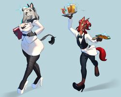  2022 5_fingers absurd_res alcohol anthro apron ass beer belt beverage big_breasts big_butt black_hair blue_background book bottomwear bow_tie breasts brown_body brown_eyes brown_fur cleavage clothed clothing duo equid equine facial_markings female femboy fingers food footwear fruit fur glass grey_body grey_eyes grey_fur grey_hair grey_nose hair hand_on_hip head_markings hi_res high_heels holding_book holding_object holding_tray hybrid larger_female legwear lemon long_hair looking_at_another looking_back looking_up male mammal markings mature_anthro mature_female mother_(lore) mother_and_child_(lore) mother_and_son_(lore) multicolored_body multicolored_fur muzzle_(marking) open_mouth pants pantyhose parent_(lore) parent_and_child_(lore) parent_and_son_(lore) plant plantigrade queervanire raised_arm red_hair shadow simple_background size_difference skirt snout snout_markings son_(lore) straw_(disambiguation) striped_markings stripes suit tail tail_tuft teeth tikki_(zonkey) tongue topwear tuft two_tone_body two_tone_fur vanessa_(zebra) vest walking white_body white_fur white_hair wide_hips zebra zebroid zonkey 