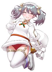  alternate_costume alternate_hair_color belt boots brown_eyes dress female fur-trimmed_dress fur-trimmed_gloves fur-trimmed_hairband fur_trim gloves grey_hair hairband highres kantai_collection kirigakure_(kirigakure_tantei_jimusho) oerba_yun_fang panties red_panties ryuujou_(kancolle) sack simple_background skin_fang smile solo thighhighs twintails underwear white_background white_dress white_gloves white_hairband white_thighhighs 