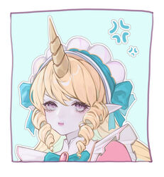  anger_vein border bow bowtie cafe_cuties_(league_of_legends) cafe_cuties_soraka commentary_request drill_hair female green_bow green_bowtie grey_background grey_eyes hairbow horns league_of_legends long_hair looking_at_viewer maid maid_headdress outline pointy_ears portrait pout qin_da_xing single_horn solo soraka_(league_of_legends) twin_drills white_border white_outline 