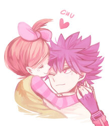  1boy affectionate blush bright_pupils brother_and_sister closed_mouth commentary_request dress female fingerless_gloves gloves heart huan_li hugh&#039;s_sister_(pokemon) hugh_(pokemon) kissing long_sleeves one_eye_closed pokemon pokemon_bw2 purple_eyes purple_hair shirt short_hair siblings simple_background smile spiked_hair white_background white_pupils yellow_dress 