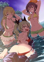  3girls ;) absurdres anchovy_(girls_und_panzer) armpits arms_behind_head ass ass_visible_through_thighs barefoot bikini bikini_pull bikini_shorts bikini_skirt black_hair black_ribbon blonde_hair blush braid breasts brown_eyes carpaccio_(girls_und_panzer) closed_mouth clothes_pull cover cover_page covering_breasts covering_privates day doujin_cover drill_hair dutch_angle from_behind girls_und_panzer green_bikini green_eyes green_hair grin groin hair_ribbon hand_on_own_head highres inflatable_torpedo inflatable_toy inu_(aerodog) large_breasts leaning_forward long_hair looking_at_viewer looking_back medium_breasts mismatched_bikini mooning multiple_girls navel one_eye_closed open_bikini open_clothes outdoors pepperoni_(girls_und_panzer) red_bikini red_eyes ribbon short_hair shorts side_braid sitting smile source_request standing straddling swimming swimsuit twin_drills twintails untied_bikini wading wardrobe_malfunction water wavy_hair wet white_bikini yellow_bikini 