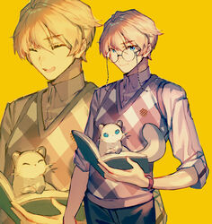  1boy ^_^ animal argyle_clothes argyle_sweater_vest bespectacled blonde_hair blue_eyes book closed_eyes closed_mouth collared_shirt cosplay eyewear_strap ferret glasses hiyamaru holding holding_book holostars hypnosis_mic kishido_temma logo looking_at_viewer male_focus mebaru multiple_views open_mouth shirt short_hair simple_background smile standing sweater_vest tail tsutsujimori_rosho tsutsujimori_rosho_(cosplay) vest virtual_youtuber watch white_shirt wristwatch yellow_background zoom_layer 