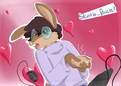  anthro blush clothed clothing dwars eyewear glasses hair hare heart_symbol hi_res lagomorph leporid male mammal masochism ouch pain rabbit skuttlebucket solo sweater topwear turtleneck youtuber 