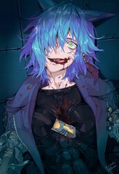  animal_ears armor blood blood_on_clothes blood_on_face blue_coat blue_hair cat_ears coat crack cracked_floor earrings facial_mark female final_fantasy final_fantasy_xiv green_eyes guro hair_over_one_eye highres injury jewelry medium_hair miqo&#039;te open_mouth satome_setsuko signature slit_pupils solo tongue tongue_out warrior_of_light_(ff14) 