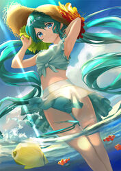  adjusting_clothes adjusting_headwear animal aqua_hair armpits arms_up bad_id bad_pixiv_id bare_arms bare_legs bare_shoulders bikini blue_eyes blue_sky breasts cloud cloudy_sky clownfish commentary curly_hair day dutch_angle feet_out_of_frame female fish flower frilled_bikini frills front-tie_bikini_top front-tie_top green_bikini green_flower hair_between_eyes happy hat hatsune_miku legs_together light_rays light_smile long_hair looking_at_viewer orange_flower outdoors parted_bangs partially_underwater_shot photoshop_(medium) sky small_breasts smile solo straw_hat sun_hat sunlight swimsuit tamamushi thigh_gap twintails very_long_hair vocaloid wading water 