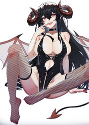  absurdres belt belt_collar black_belt black_hair black_leotard black_thighhighs breasts brown_horns chinese_commentary cleavage clothing_cutout collar commentary curled_horns demon_girl demon_horns demon_tail female finger_to_mouth fishnet_thighhighs fishnets hair_between_eyes highleg highleg_leotard highres horns kongbai_huanxiang large_breasts leotard long_hair looking_at_viewer navel open_mouth original red_eyes saliva sidelocks simple_background smile solo stomach_cutout tail teeth thighhighs tongue tongue_out upper_teeth_only very_long_hair white_background 