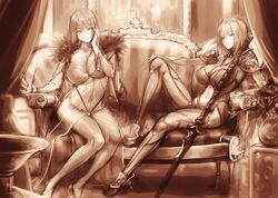  2girls absurdres armor bodysuit breasts couch covered_navel curtains dress fate/grand_order fate_(series) feather_trim fur-trimmed_dress fur_trim gae_bolg_(fate) hair_between_eyes hair_intakes hayama_kazusa headpiece highres holding holding_wand indoors large_breasts long_hair monochrome multiple_girls pauldrons polearm scathach_(fate) scathach_skadi_(fate) shoulder_armor sitting smile spear tiara wand weapon 