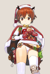  animal_ears antlers asymmetrical_legwear backpack bag bell belt black_belt bow bowtie brown_eyes brown_hair candy candy_cane cape christmas closed_mouth commentary cowboy_shot crotch_seam deer_ears detached_sleeves elbow_gloves elbow_pads female food fur-trimmed_cape fur-trimmed_shirt fur_trim gloves grey_background hair_ornament hairclip hat highres holding holding_stuffed_toy holster horns knee_pads looking_at_viewer no_pants orange_bow orange_bowtie original panties red_cape red_gloves red_hat red_shirt reindeer_antlers reindeer_girl santa_costume santa_hat shirt short_hair simple_background smile solo standing stuffed_deer stuffed_toy symbol-only_commentary thighhighs underwear white_panties white_sleeves white_thighhighs zhongye_yu 