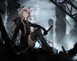  absurdres alternate_costume arm_support black_serafuku black_shirt black_skirt blonde_hair blood blood_on_face blood_on_weapon commentary_request crossed_ankles feet female girls&#039;_frontline grin headgear highres katana long_hair looking_at_viewer m4_sopmod_ii_(girls&#039;_frontline) mechanical_arms multicolored_hair neckerchief no_shoes outdoors pleated_skirt red_eyes red_neckerchief ruins sailor_collar school_uniform serafuku shirt sidelocks single_mechanical_arm sitting skirt smile solo streaked_hair sword thighhighs torn_clothes torn_neckerchief torn_shirt torn_thighhighs weapon zen_juraku 