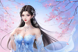  absurdres baishan_qi_xiao bare_shoulders blue_dress blue_sky bracelet branch breasts brown_eyes brown_hair closed_mouth detached_sleeves dress earrings facial_mark falling_petals female flower forehead_mark hair_ornament highres jewelry long_hair medium_breasts petals sky solo wanmei_shijie yue_chan_(wanmei_shijie) 