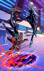  2boys \m/ ballet_slippers bodysuit commentary edarow english_commentary female full_body hood hood_up hooded_bodysuit male_focus marvel mask miles_morales multiple_boys nike_(company) no_pupils peter_b_parker shoes silk sneakers spider-gwen spider-man spider-man:_into_the_spider-verse spider-man_(miles_morales) spider-man_(series) spider-verse spider_web spider_web_print spray_can superhero_costume swinging upside-down 