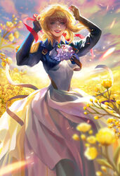  arms_up ascot backlighting blonde_hair blue_eyes blue_jacket blue_sky brooch buckle bud cloud commentary dress english_commentary fan_yang_(jiuge) female field flower flower_field flower_request gem gloves green_gemstone hair_between_eyes hair_intakes hair_ribbon highres jacket jewelry juliet_sleeves lipstick long_dress long_sleeves looking_at_viewer makeup messy_hair outdoors photoshop_(medium) puffy_sleeves red_lips red_ribbon ribbon shadow skirt sky smile solo standing strap teeth violet_evergarden violet_evergarden_(series) white_ascot white_dress white_ribbon white_skirt yellow_flower 