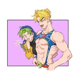  1boy abs birthmark black_nails blonde_hair blush bracelet breasts cosplay costume_switch dio_brando dio_brando_(cosplay) ear_birthmark english_commentary english_text female green_eyes green_hair green_lips green_nails hair_bun headband highres honlo jacket jewelry jojo_no_kimyou_na_bouken kujo_jolyne kujo_jolyne_(cosplay) lipstick long_hair long_sleeves looking_at_another makeup medium_breasts midriff multicolored_hair muscular muscular_male navel pectorals red_eyes spider_web_print stardust_crusaders stone_ocean sweatdrop two-tone_hair yellow_jacket 