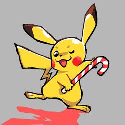  1:1 ambiguous_gender candy candy_cane dessert feral food generation_1_pokemon mammal mouse murid murine nintendo one_eye_closed pikachu pokemon pokemon_(species) rodent simple_background solo tail thatguynamedjoe yellow_body 