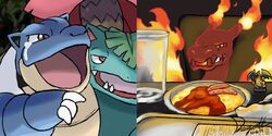  2019 3_fingers ambiguous_gender anthro blastoise blue_body blue_skin bodily_fluids brown_eyes chair claws container countershade_torso countershading crying cup curry cutlery detailed_background dragonith fangs feral fingers fire flaming_horn flaming_wings food furniture generation_1_pokemon generation_8_pokemon gigantamax_charizard gigantamax_pokemon glass green_body green_skin group half-closed_eyes humor kitchen_utensils leaf leaf_hair meat meme multiple_scenes narrowed_eyes nintendo open_mouth orange_body orange_scales parody plant plant_hair pokemon pokemon_(species) pseudo_hair red_sclera rice sausage scales signature spoon starter_trio tan_body tan_skin tears teeth tongue tools venusaur white_claws wings woman_yelling_at_a_cat yellow_eyes 