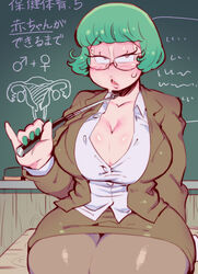  alternate_costume alternate_hair_color alternate_hairstyle bespectacled black_pantyhose blazer breasts brown_eyes chalkboard classroom cleavage curvy desk eyelashes female formal genderswap_(mtf) glasses green_hair green_nails holding holding_pointer jacket large_breasts mars_symbol matsuno_choromatsu mature_female on_desk osomatsu-san osomatsu_(series) pantyhose partially_unbuttoned pencil_skirt pointer rule_63 sanjiro_(tenshin_anman) sex_ed shiny_skin sitting skirt skirt_suit solo suit sweat teacher thick_thighs thighs translation_request uterus venus_symbol 