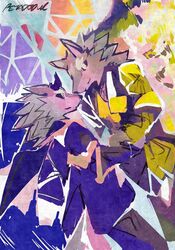  abstract_background anthro bael_(tas) black_sclera brown_body brown_fur canid canine canis clothing duo fur hand_holding hi_res horn jackal lifewonders male mammal petadodu purple_body purple_clothing purple_fur seth_(tas) tan_body tan_fur tokyo_afterschool_summoners yellow_clothing 