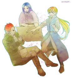  3boys blonde_hair blue_hair boots cape closed_eyes colored_skin commentary_request crossed_arms cyrus_(the_saga_of_darren_shan) glalda hatsune_(leaden_heart07) kurda_smahlt long_hair male_focus map_(object) multiple_boys ponytail purple_skin red_hair scar scar_on_cheek scar_on_face short_hair sitting smile the_saga_of_darren_shan vest 