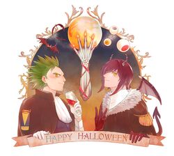  2boys aged_down bat_(animal) brothers commentary_request cup demon_wings drinking_glass eyeball gannen_harst gloves green_hair halloween halloween_costume happy_halloween hatsune_(leaden_heart07) highres male_focus multiple_boys red_hair short_hair siblings smile spiked_hair the_saga_of_darren_shan turtleneck vancha_march wine_glass wings yellow_eyes 