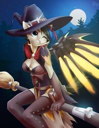  2018 anthro biped blizzard_entertainment blue_eyes breasts broom broom_riding chikachi cleaning_tool cleavage clothed clothing dannyckoo domestic_cat energy_wings felid feline felis female hat headgear headwear hi_res looking_at_viewer magic_user mammal mercy_(overwatch) moon night one_eye_closed outside overwatch plant sitting smile solo star tree tresertf wings witch witch_hat 