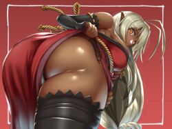  antenna_hair ass ass_focus bent_over black_legwear breasts commentary_request dark-skinned_female dark_skin detached_sleeves female highres huge_ass large_breasts looking_at_viewer looking_back panties pointy_ears red_background sansei_muramasa shiny_skin solo soukou_akki_muramasa tama_(tamakaka1031) tan thick_thighs thighs underwear very_dark_skin white_panties 