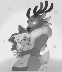  2020 anta_art anthro antlers black_nose bottomwear clothing deer digital_media_(artwork) duo female gwen_(spiritfarer) horn hug human mammal monochrome new_world_deer nude pants reindeer short smile spiritfarer stella_(spiritfarer) thunder_lotus_games 