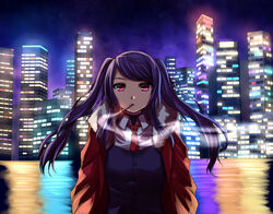  blue_hair blurry building cigarette city city_lights cityscape coat collared_shirt commentary_request cyberpunk depth_of_field female holding holding_cigarette jill_stingray long_hair md5_mismatch necktie night night_sky outdoors pink_eyes resolution_mismatch scenery shirt sky skyline skyscraper smoke smoking solo source_smaller twintails va-11_hall-a yozu_(yozu0420) 