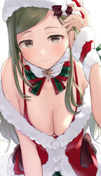  asymmetrical_hair bare_shoulders bow bowtie bra breasts brooch brown_bow brown_eyes christmas cleavage closed_mouth commentary_request female fur-trimmed_headwear fur_trim green_bow green_bowtie green_hair hand_up hat hat_bow highres holding holding_own_hair idolmaster idolmaster_shiny_colors jewelry kijibato_123-gou leaning_forward long_hair looking_at_viewer medium_breasts nanakusa_hazuki off_shoulder paid_reward_available plaid plaid_bow plaid_bowtie pom_pom_(clothes) red_bra santa_costume santa_hat sidelocks simple_background smile solo swept_bangs tucking_hair two-tone_bowtie underwear upper_body wet white_background wrist_cuffs 