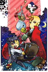  2boys black_hair black_jacket bug cage cape chibi commentary_request darren_shan holding holding_suitcase jacket jar larten_crepsley madam_octa melay_(khrssc) multiple_boys onion orange_hair photoshop_(medium) red_cape red_eyes sandals scar scar_on_face short_hair smile spider suitcase the_saga_of_darren_shan tomato vest 