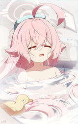  absurdres ahoge artist_name bathroom bathtub blue_archive closed_eyes commentary female halo highres hoshino_(blue_archive) liyom long_hair partially_submerged pink_hair rubber_duck symbol-only_commentary towel towel_on_head water wet 