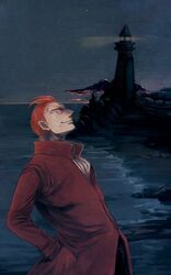  1boy closed_eyes coat commentary_request hands_in_pockets hatsune_(leaden_heart07) horizon larten_crepsley lighthouse long_coat male_focus night night_sky ocean orange_hair red_coat short_hair sky smile solo the_saga_of_darren_shan 