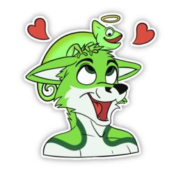  1:1 alpha_channel anthro black_nose blakefox canid canine chameleon digital_media_(artwork) fidget_the_fox fox fur green_body green_eyes green_fur hair halo heart_symbol lizard looking_at_another love male mammal memories reptile scalie simple_background sitting_on_another sitting_on_head smile solo telegram telegram_sticker tongue white_body white_fur 