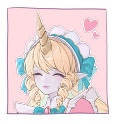  blonde_hair border bow bowtie cafe_cuties_(league_of_legends) cafe_cuties_soraka closed_eyes closed_mouth drill_hair facing_viewer female gem green_bow green_bowtie grey_background hairbow heart horns league_of_legends long_hair maid maid_headdress no_nose outline pointy_ears qin_da_xing single_horn smile solo soraka_(league_of_legends) twin_drills white_border white_outline 