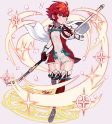  absurdres artist_name bare_shoulders boots dress female fire_emblem fire_emblem_fates gloves highres hinoka_(fire_emblem) holding holding_polearm holding_weapon looking_at_viewer naginata pegasus_knight_uniform_(fire_emblem) petals polearm red_eyes red_hair red_thighhighs sarukaiwolf short_dress short_hair silver_background simple_background sleeveless sleeveless_dress smile solo star_(symbol) thigh_boots thighhighs weapon zettai_ryouiki 