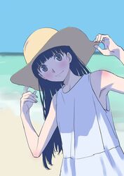  amagami ayatsuji_tsukasa beach black_hair commentary dress female grey_eyes hat highres long_hair looking_at_viewer ocean outdoors solo sun_hat warder2013 white_dress 