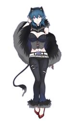  akina_(akn_646) alternate_costume animal_ears belt black_pants blue_eyes blue_hair breasts byleth_(fire_emblem) byleth_(fire_emblem)_(female) cat_ears cleavage closed_mouth fake_animal_ears fake_tail female fire_emblem fire_emblem:_three_houses full_body medium_hair midriff pants simple_background solo tail torn_clothes torn_pants white_background 