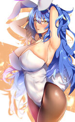  alternate_costume animal_ears armpits bad_id bad_pixiv_id blue_hair blush breasts brown_pantyhose commission cowboy_shot dated fake_animal_ears fake_tail female fishnet_pantyhose fishnets girls&#039;_frontline gradient_background hair_between_eyes highres huge_breasts leotard long_hair official_alternate_costume open_mouth orange_background pantyhose pixiv_commission playboy_bunny presenting_armpit rabbit_ears rabbit_tail semino_hazuki side-tie_leotard signature solo strapless strapless_leotard tail tar-21_(girls&#039;_frontline) tar-21_(night_at_the_bar)_(girls&#039;_frontline) white_background white_leotard wrist_cuffs yellow_eyes 