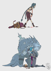  2boys 2girls arcane:_league_of_legends arcane_jinx arcane_vi bare_shoulders blood boots braid brown_footwear character_name choker collarbone ekko_(league_of_legends) father_and_daughter from_side gatling_gun grey_background highres hug jinx_(league_of_legends) knee_boots kneeling league_of_legends lolicon long_hair lzbros minigun multiple_boys multiple_girls pants powder_(arcane) shorts siblings simple_background sisters spoilers standing striped_clothes striped_pants torn_clothes torn_shorts tusks twin_braids very_long_hair vi_(league_of_legends) warwick 