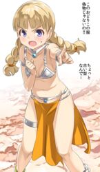  blonde_hair blue_eyes bracelet braid commentary_request cosplay dancer&#039;s_costume_(dq) dragon_quest dragon_quest_iv dragon_quest_xi feet_out_of_frame female imaichi jewelry legs_apart long_hair looking_at_viewer open_mouth solo standing translation_request twin_braids veronica_(dq11) 