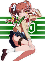  ;p ankle_socks argyle_clothes argyle_legwear armband ass between_fingers biting biting_clothes biting_own_lip blazer blue_skirt blush bow bowtie brown_eyes brown_footwear brown_hair brown_jacket collared_shirt female green_armband hairbow highres holding holding_needle jacket legs long_sleeves looking_at_viewer medium_hair miniskirt nail needle one_eye_closed parted_bangs plaid plaid_skirt pleated_skirt red_bow school_uniform shirai_kuroko shirt skirt smile socks solo sparkle sparkling_eyes thigh_strap thighs throwing_needles toaru_kagaku_no_railgun toaru_majutsu_no_index tokiwadai_school_uniform tongue tongue_out twintails v v_over_eye white_bow white_shirt white_socks winter_uniform yonabe 