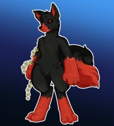  anthro black_body black_fur canid canine canis curled_tail fur hi_res looking_at_viewer male mammal metal_chain model_sheet ramerooni red_body red_eyes red_fur solo tail wolf 