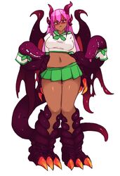  animal_hands arms_at_sides blush breasts claws closed_mouth dark-skinned_female dark_skin dragon_girl dragon_horns english_commentary extra_mouth female full_body green_neckwear green_skirt hair_between_eyes horns jabberwock_(monster_girl_encyclopedia) large_breasts long_hair looking_at_viewer microskirt midriff monster_girl monster_girl_encyclopedia navel nose_blush pink_hair pleated_skirt pout purple_eyes rtil school_uniform second-party_source serafuku shirt simple_background skindentation skirt standing stomach tail thick_thighs thighs white_background 