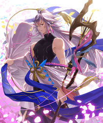  1boy ahoge bare_shoulders bishounen black_pants black_shirt fate/grand_order fate_(series) flower hair_between_eyes hair_ornament holding holding_staff holding_weapon long_hair looking_at_viewer male_focus merlin_(fate) multicolored_hair pants parted_lips petals purple_eyes ribbon robe shirt solo staff two-tone_hair undressing unworn_clothes very_long_hair weapon white_hair white_robe yahako 