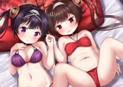  2girls :o anchor_hair_ornament ass azur_lane bad_id bad_pixiv_id bare_arms bare_shoulders bed_sheet bikini blush breasts brown_hair commentary_request hair_ornament hairband hairpods halterneck hand_up hands_up highres holding_hands large_breasts long_hair looking_at_viewer lying mochiyuki multiple_girls navel ning_hai_(azur_lane) ning_hai_(summer_hunger)_(azur_lane) o-ring o-ring_bikini o-ring_top official_alternate_costume on_back parted_lips pillow ping_hai_(azur_lane) ping_hai_(summer_vacation)_(azur_lane) purple_bikini purple_eyes purple_hair red_bikini red_eyes small_breasts spread_legs swimsuit tears twintails wavy_mouth white_hairband 