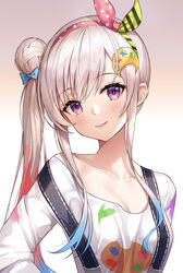  airani_iofifteen airani_iofifteen_(1st_costume) blue_bow blush bow breasts cleavage collarbone commentary female gradient_background hair_behind_ear hair_bun hair_ribbon hairbow head_tilt hololive hololive_indonesia lips long_hair looking_at_viewer lunacle medium_breasts paint_in_hair palette_hair_ornament purple_eyes ribbon shirt side_ponytail single_side_bun smile solo suspenders symbol-only_commentary virtual_youtuber white_background white_shirt 