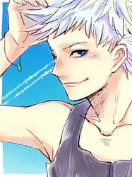  1boy arm_up black_tank_top blue_eyes bracelet commentary_request hatsune_(leaden_heart07) jewelry looking_at_viewer lowres male_focus short_hair smile solo steve_leonard tank_top the_saga_of_darren_shan white_hair 