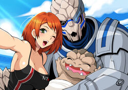  1boy 1other adoption alien animification arm_around_waist armor baby bad_id bad_pixiv_id blue_sky breasts cleavage collarbone commander_shepard commander_shepard_(female) commentary_request couple day family fangs female garrus_vakarian green_eyes happy interspecies krogan large_breasts mass_effect_(series) mass_effect_3 monster_boy one_eye_closed open_mouth photoshop_(medium) red_hair scouter sky smile straight tank_top turian upper_body yukiyanagi 