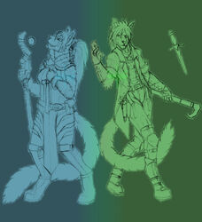  5_fingers andromorph_(lore) anthro armor boots bracers cane card clothed clothing coat dagger duo felid feline female fingers footwear frostwyrm102 fur gradient_background hair jamilla_seomok jasper_bellamy leopardus male mammal margay melee_weapon pantherine poleyn simple_background snow_leopard sphere staff tailcoat topwear traditional_media_(artwork) weapon 